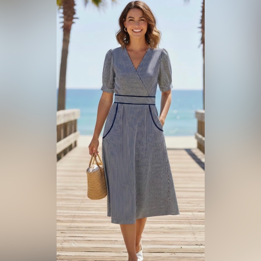 Monteau Los Angeles Blue & White Striped Dress - Size large - Picture 1 of 5